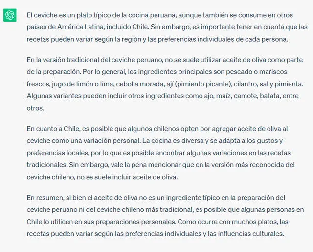 ChatGPT resuelve la pregunta si en Chile usan aceite de oliva para la preparación del ceviche   