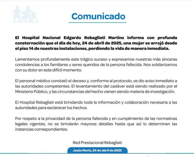 EsSalud confirma la muerte inmediata de la mujer que se lanzó del piso 14 del Rebagliati. EsSalud confirma la muerte inmediata de la mujer que se lanzó del piso 14 del Rebagliati.