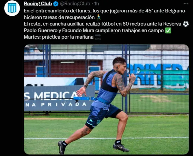 Racing Club informó sobre los trabajos en cancha de Paolo Guerrero. / Imagen: Twitter.   