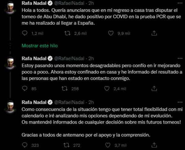 El mensaje de Rafael Nadal para confirmar que se contagió de COVID-19. - FUENTE: Twitter.   