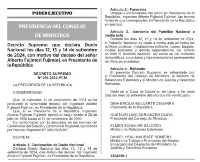 Decreto que confirma el Duelo Nacional tras la muerte de Alberto Fujimori.