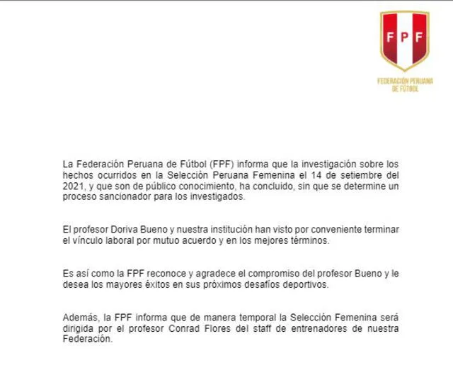 La FPF separó a Doriva Bueno por reclamos de las futbolistas peruanas. | FUENTE: FPF.    