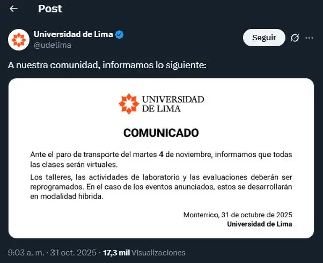 <strong>La Universidad de Lima emitió un comunicado ante el paro de transporte el 4 de noviembre</strong>   