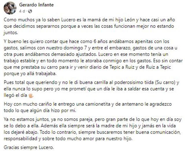 Publicación del padre que regaló una camioneta 0km a su exmujer en forma de agradecimiento.   