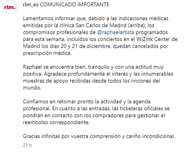 RLM Management envía comunicado sobre los conciertos de Raphael.  