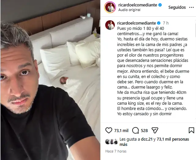 <em>Ricardo Mendoza revela que su bebé se apoderó de la cama. Captura: Instagram</em>   