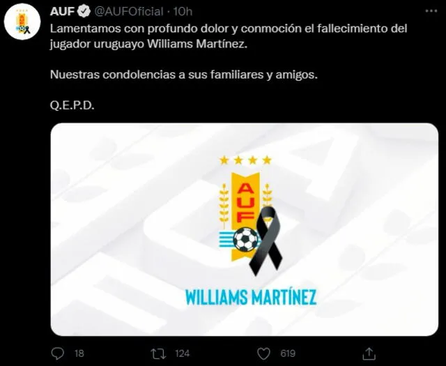 La AUF lamentó la muerte de Williams Martínez. | FUENTE: Twitter.   