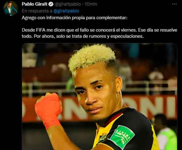 Pablo Giralt apunta la fecha del fallo de la FIFA. / FUENTE: Twitter.   