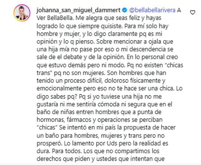 Comentarios de San Miguel que ha sido catalogados como transfóbicos. Foto: Instagram.   