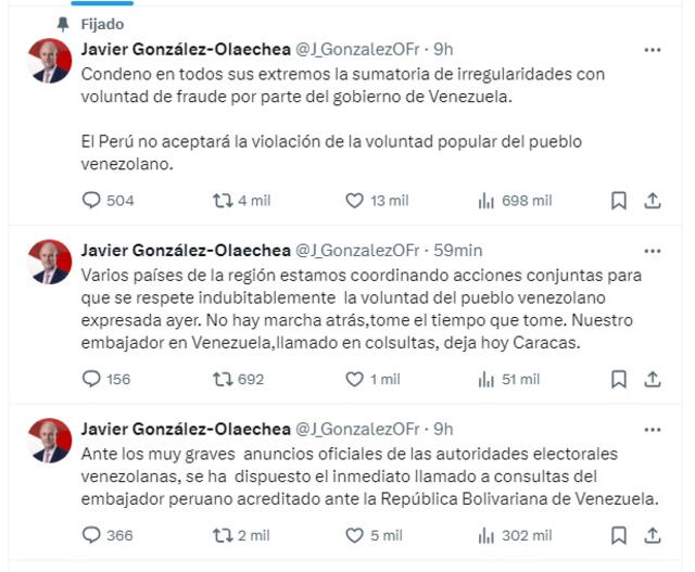 Canciller de Perú se pronuncia tras los resultados de las Elecciones en Venezuela 2024.