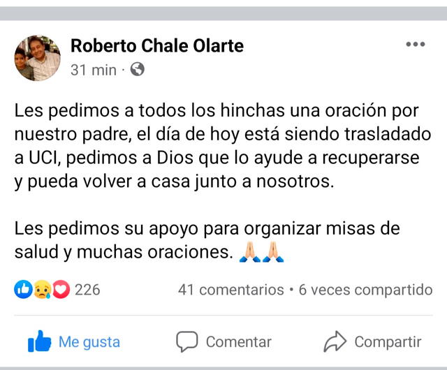 Roberto Chale Olarte está delicado de salud. / FUENTE: Facebook.   