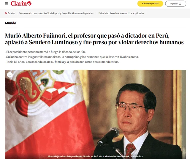 Murió Alberto Fujimori, el profesor que pasó a dictador en Perú, aplastó a Sendero Luminoso y fue preso por violar derechos humanos