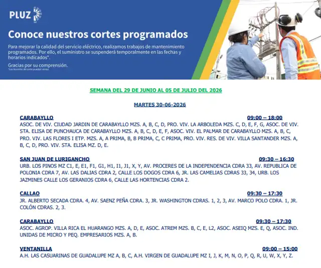 Cinco distritos de Lima y Callo no tendrán electricidad este 30 de junio, según Pluz Energía.
