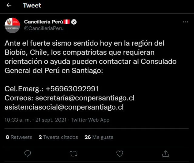 La Cancillería del Perú brindó información para los peruanos afectados por el sismo en Chile. | FUENTE: Twitter. 