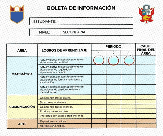 Modelo de la Boleta de notas virtual del Minedu   