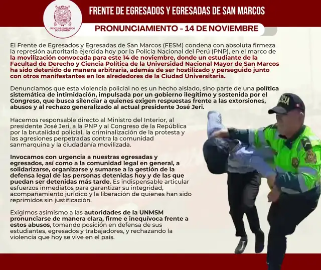 Gremio de estudiantes se pronuncia tras detención arbitraria en la UNMSM. Gremio de estudiantes se pronuncia tras detención arbitraria en la UNMSM.