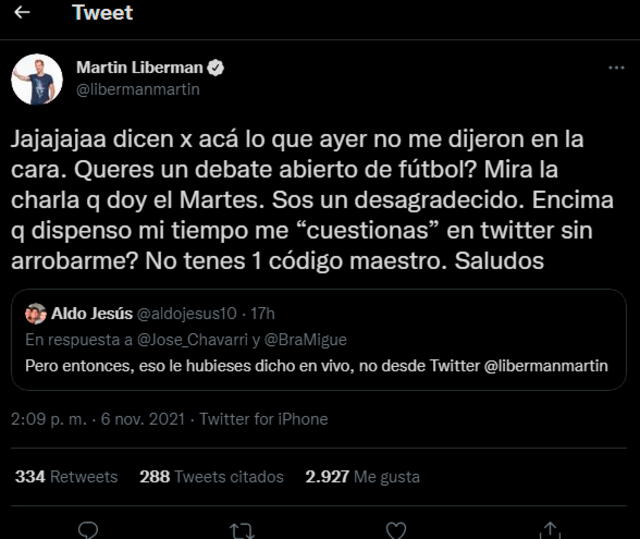 Martín Liberman y su tuit para José Chávarri. | FUENTE: Twitter.   