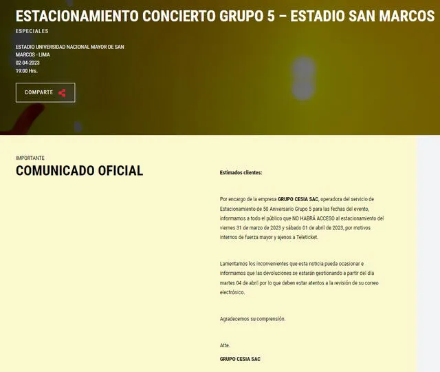 Teleticket se pronunció mediante comunicado sobre la suspensión del estacionamiento para el concierto del Grupo 5.   