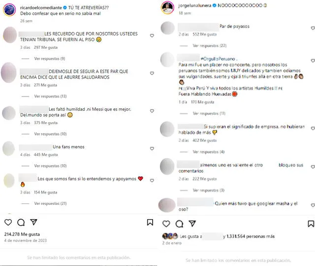 Jorge Luna y Ricardo Mendoza decidieron bloquear los comentarios de sus cuentas de Instagram.  