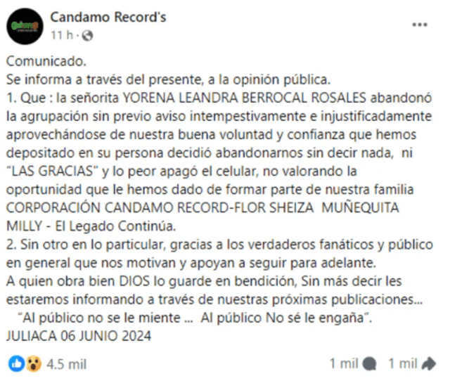 Orquesta de la Muñequita Milly acusa a nueva vocalista de abandono.