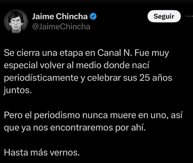 Jaime Chincha anunció su salida de Canal N.    