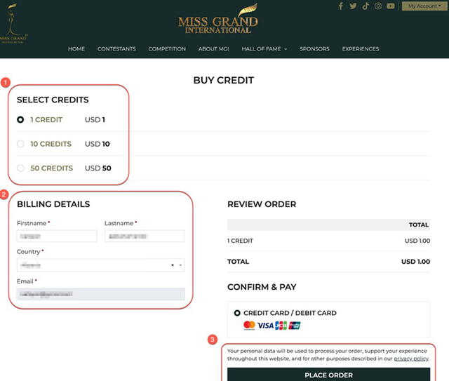  Precio de los créditos de votos en el Miss Grand International 2024. Foto: Miss Grand International web   