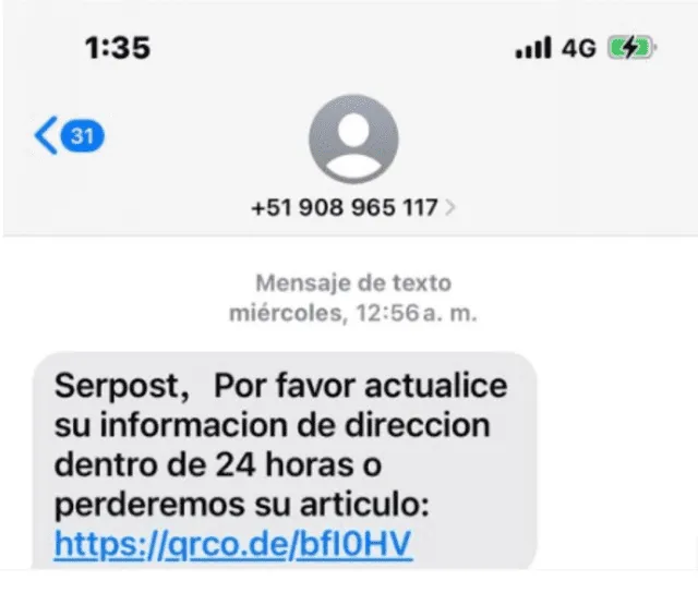 Mensaje falso de Serpost.