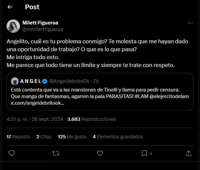 Milett Figueroa responde a Ángel de Brito tras dardos/ 'X'