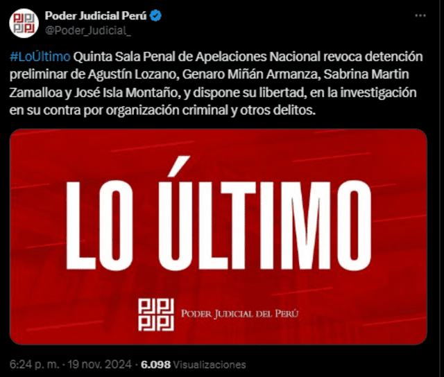 <em>Poder Judicial informó decisión mediante sus redes. Captura: X </em>   