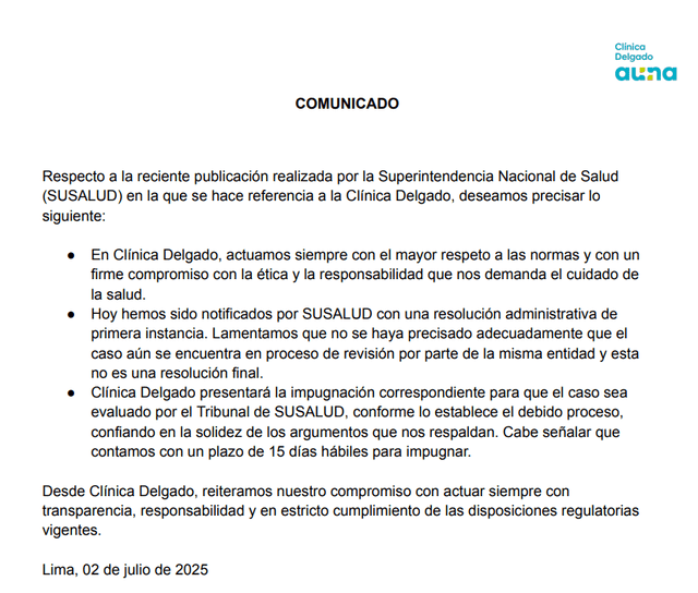 Comunicado Clínica Delgado-Auna Comunicado Clínica Delgado-Auna