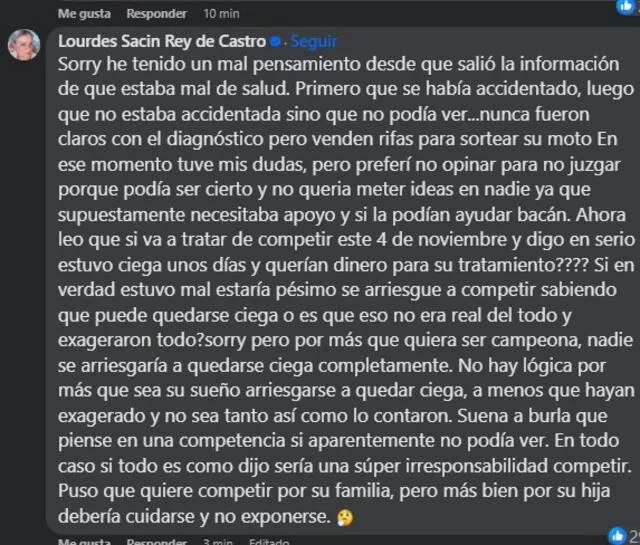 Lourdes Sacín reaccionó ante el anuncio de Aída Martínez en Facebook.   