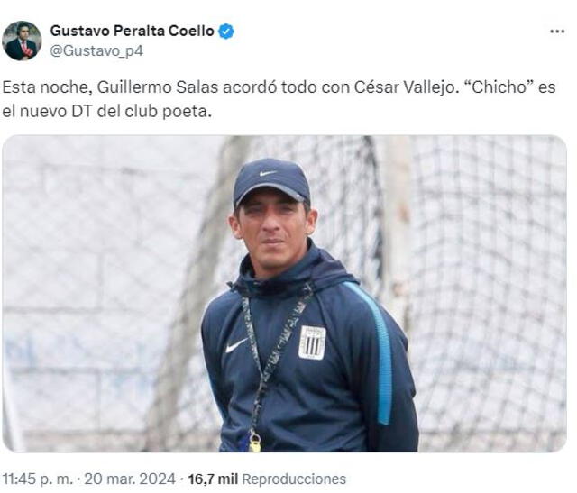 Guillermo Salas es el nuevo entrenador de la César Vallejo. Foto: X   