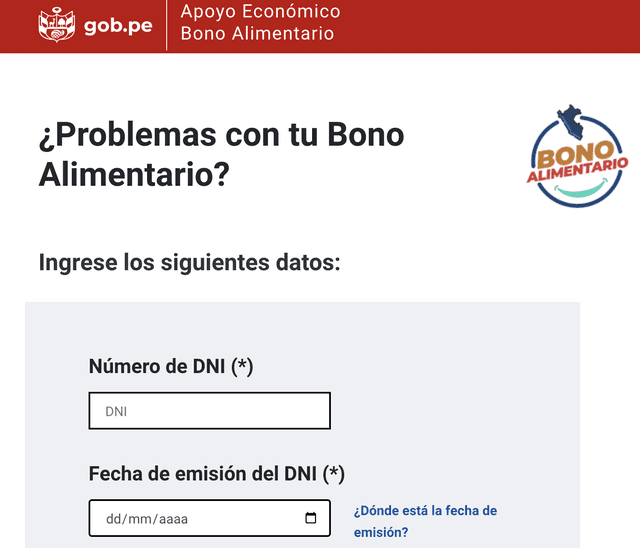  Plataforma del Bono alimentario 2022 para la resolución de problemas. 