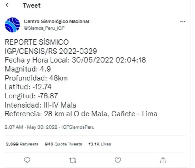 Crédito: Captura de Twitter del Centro Sismológico Nacional   