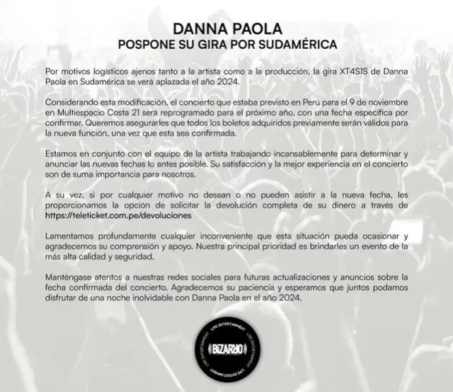Comunicado que anunció la suspensión del concierto de Danna Paola