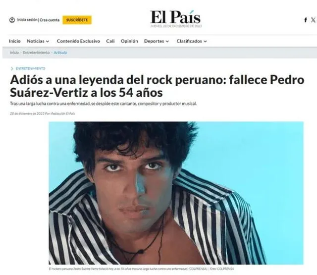 Así reveló la noticia el medio colombiano 'El País' sobre la partida de Pedro Suárez-Vértiz.