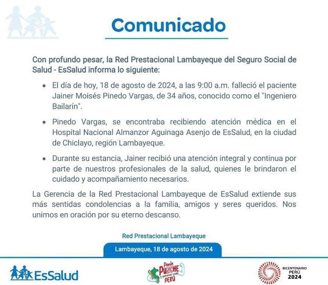 La red de Lambayeque confirmó la sentida pérdida del 'Ingeniero bailarín'.   