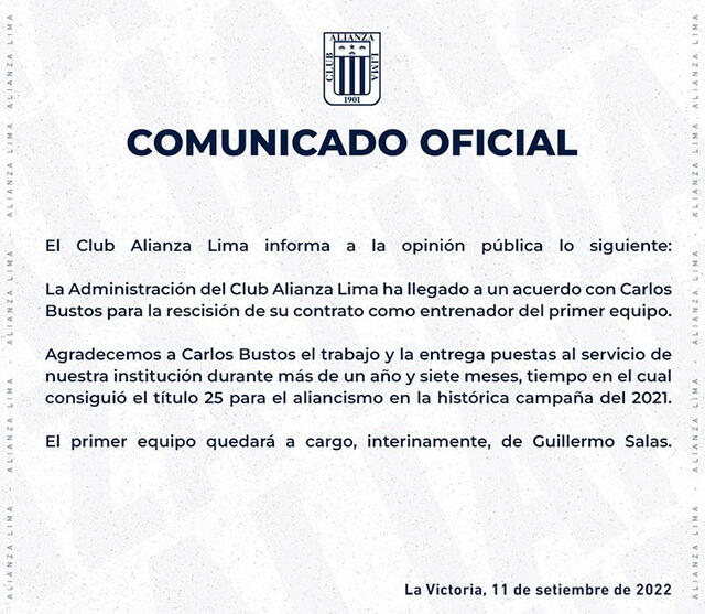 El comunicado de Alianza Lima para la salida de Carlos Bustos. / FUENTE: Twitter.   