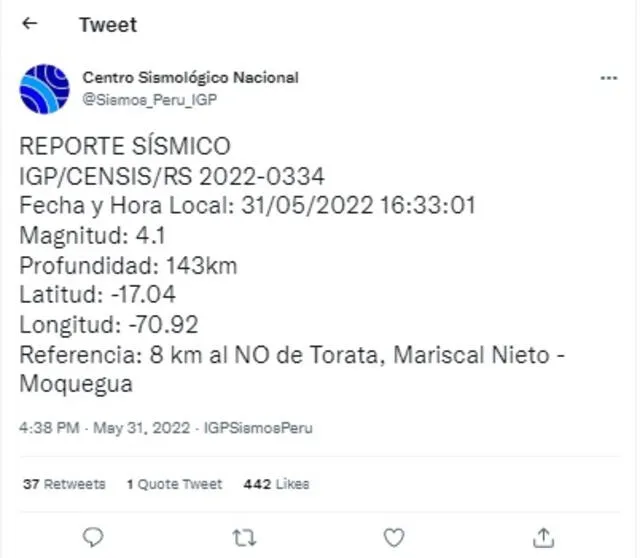 Crédito: Captura de Twitter del Centro Sismológico Nacional    