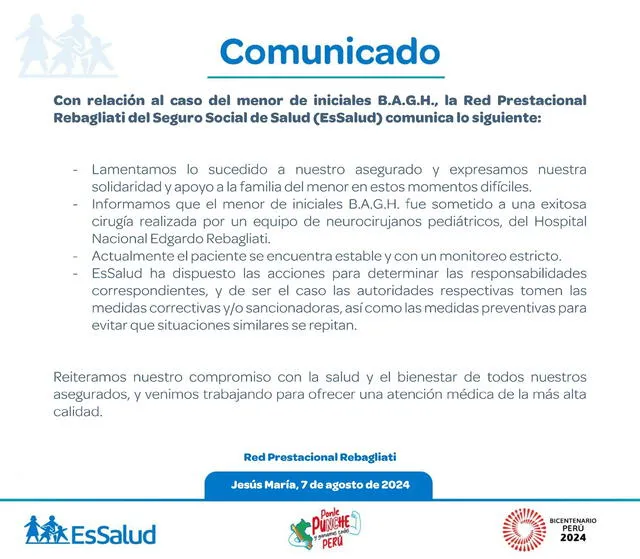 Comunicado de EsSalud sobre el caso del niño con la aguja en el cerebro.