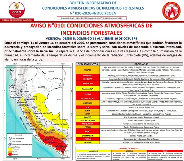 'Aviso de Condiciones Atmosféricas de Incendios Forestales N.º 010'
