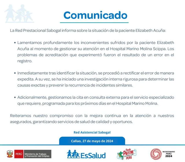 EsSalud se pronuncia al respecto y se disculpa con la afectada.