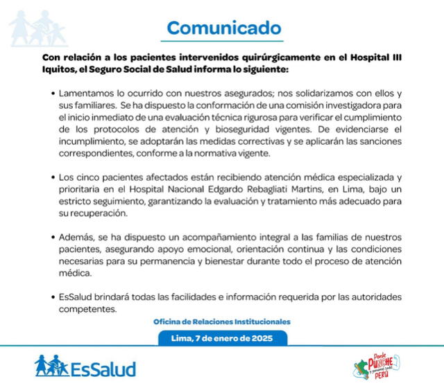 EsSalud prestará la ayuda necesaria a los familiares de los afectados.