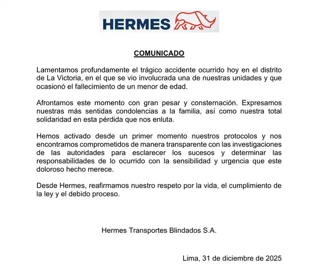 Comunicado de Hermes ante el fallecimiento del menor de edad.
