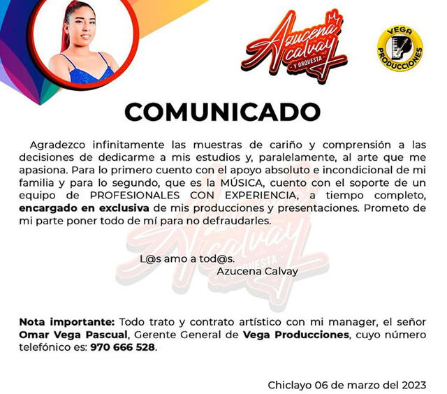 Comunicado de Azucena Calvay. Foto: Instagram 