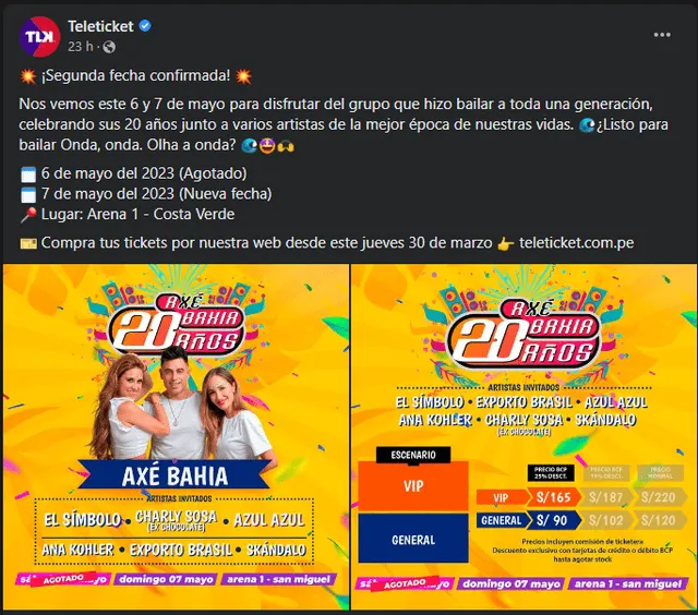 Teleticket lanzó la venta de las entradas para la segunda fecha de Axé Bahía. 