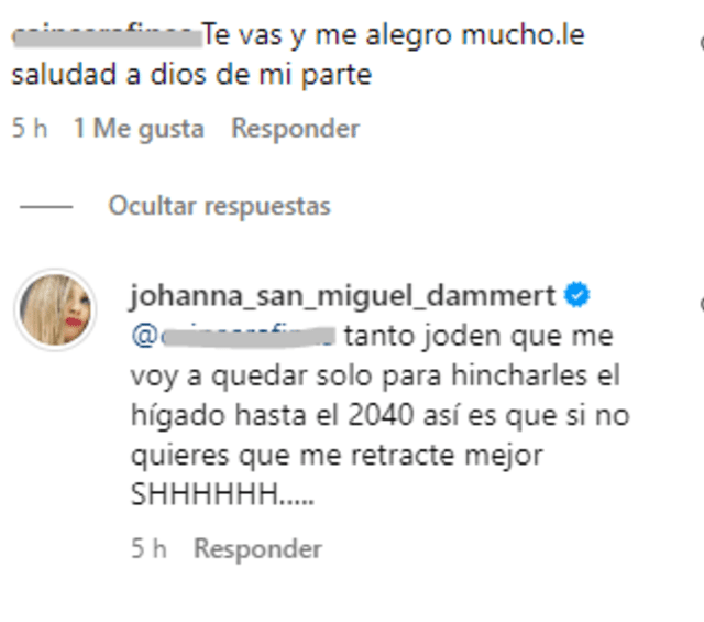 <em>Johanna San Miguel se molestó contra detractor. Captura: Instagram </em>   