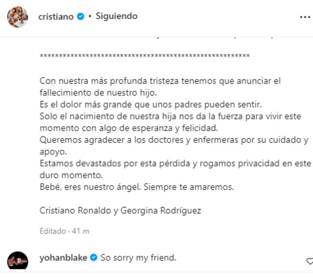 El mensaje de Cristiano Ronaldo y Georgina Rodríguez tras la muerte de su bebé. | FUENTE: Instagram.   