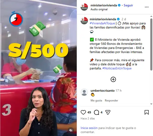 Ministerio de Vivienda anuncia entrega del BONO BAE 2026.