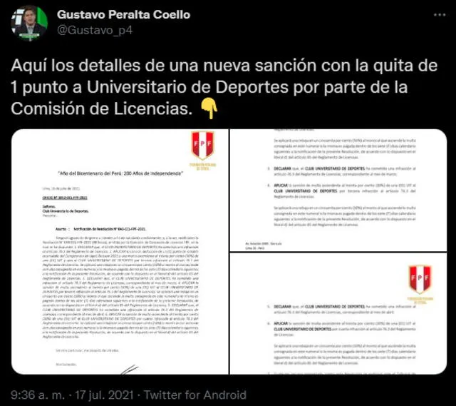Gustavo Peralta informó sobre la sanción contra la U. | FUENTE: Twitter.   